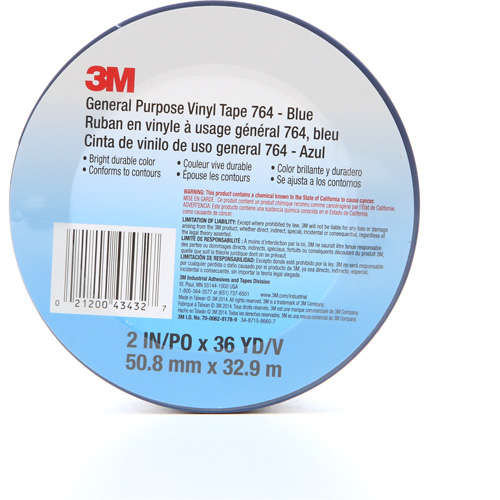 Ruban en vinyle pour travaux g&eacute;n&eacute;raux 764, 50,8 mm (2") la x 32,9 m (108') lo, 5 mils, Bleu Absolute Business Supply