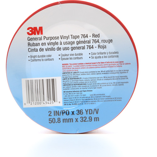 Ruban en vinyle pour travaux g&eacute;n&eacute;raux 764, 50,8 mm (2") la x 32,9 m (108') lo, 5 mils, Rouge Absolute Business Supply