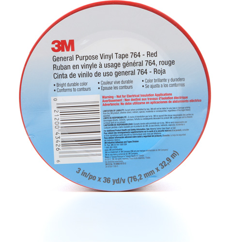 764 General-Purpose Vinyl Tape, 76 mm (3") W x 32.9 m (108') L, 5 mils, Red Absolute Business Supply