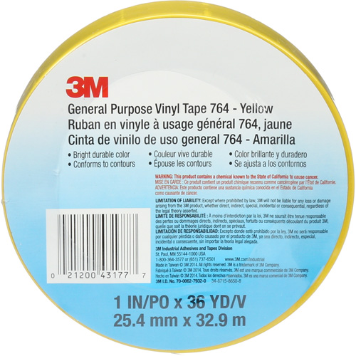 764 General-Purpose Vinyl Tape, 25.4 mm (1") W x 32.9 m (108') L, 5 mils, Yellow Absolute Business Supply