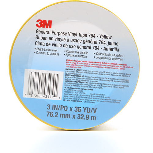Ruban en vinyle pour travaux g&eacute;n&eacute;raux 764, 76 mm (3") la x 32,9 m (108') lo, 5 mils, Jaune Absolute Business Supply