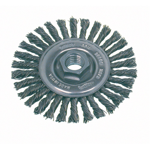 Brosse rotative &agrave; fils nou&eacute;s pour petites meuleuses haute vitesse, pour passe de fond, Dia. 4", Fils 0,02", Arbre 5/8"-11, Acier inoxydable Absolute Business Supply