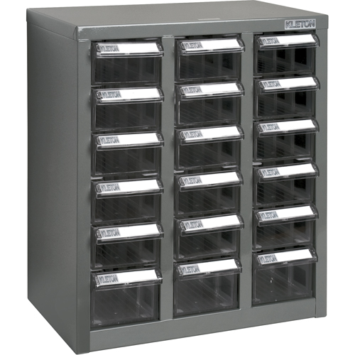 Casiers pour pi&egrave;ces KPC-600, Acier galvanis&eacute;, 18 tiroirs, 13-9/10" x 8-7/10" x 16-3/10", Gris Absolute Business Supply