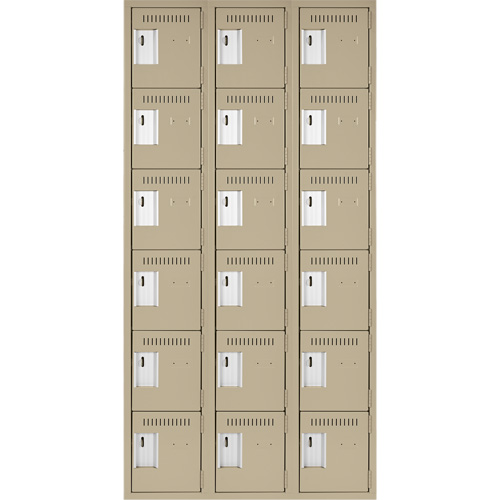 Clean Line Lockerette, 6 -tier, Bank of 3, 36" x 18" x 72", Steel, Beige, Rivet (Assembled) Absolute Business Supply