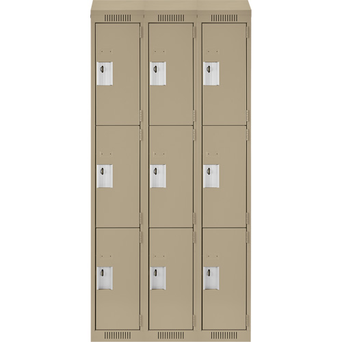 Clean Line Lockers, 3 -tier, Bank of 3, 36" x 18" x 78", Steel, Beige, Rivet (Assembled) Absolute Business Supply