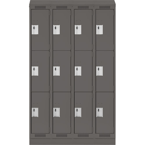 Clean Line Lockers, 3 -tier, Bank of 4, 48" x 18" x 82", Steel, Charcoal, Rivet (Assembled) Absolute Business Supply