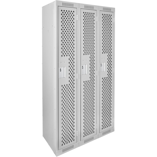 Clean Line Lockers, Bank of 3, 36" x 15" x 72", Steel, Grey, Rivet (Assembled), Perforated Absolute Business Supply
