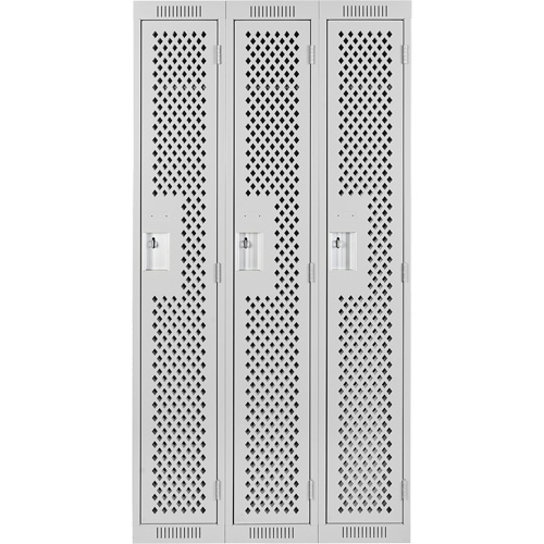 Clean Line Lockers, Bank of 3, 36" x 15" x 72", Steel, Grey, Rivet (Assembled), Perforated Absolute Business Supply