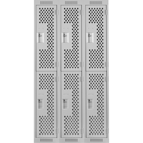 Clean Line Lockers, 2 -tier, Bank of 3, 36" x 15" x 72", Steel, Grey, Rivet (Assembled), Perforated Absolute Business Supply