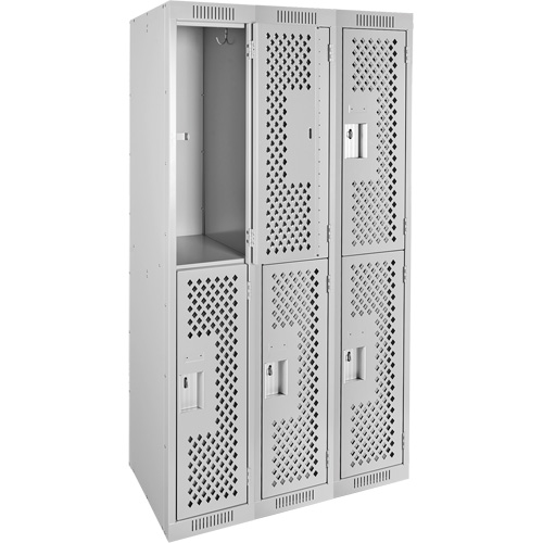 Clean Line Lockers, 2 -tier, Bank of 3, 36" x 15" x 72", Steel, Grey, Rivet (Assembled), Perforated Absolute Business Supply