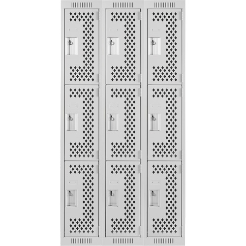 Clean Line Lockers, 3 -tier, Bank of 3, 36" x 12" x 72", Steel, Grey, Rivet (Assembled), Perforated Absolute Business Supply
