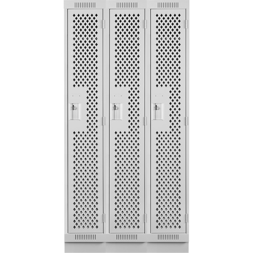 Clean Line Lockers, Bank of 3, 36" x 12" x 76", Steel, Grey, Rivet (Assembled), Perforated Absolute Business Supply