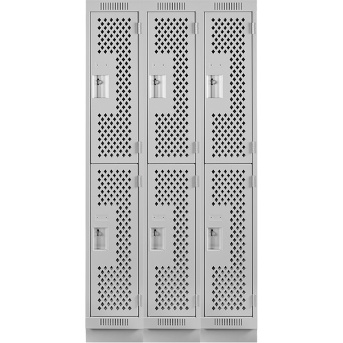 Clean Line Lockers, 2 -tier, Bank of 3, 36" x 18" x 76", Steel, Grey, Rivet (Assembled), Perforated Absolute Business Supply
