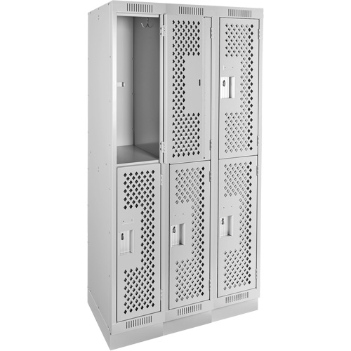 Clean Line Lockers, 2 -tier, Bank of 3, 36" x 18" x 76", Steel, Grey, Rivet (Assembled), Perforated Absolute Business Supply