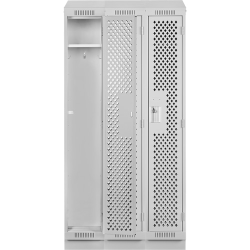 Clean Line Lockers, Bank of 3, 36" x 18" x 82", Steel, Grey, Rivet (Assembled), Perforated Absolute Business Supply