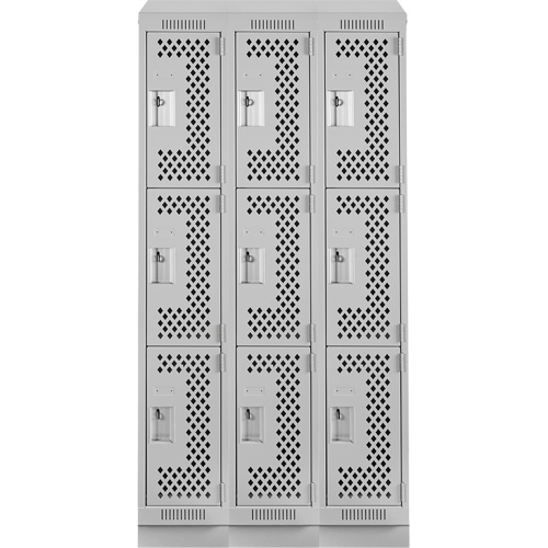 Clean Line Lockers, 3 -tier, Bank of 3, 36" x 18" x 82", Steel, Grey, Rivet (Assembled), Perforated Absolute Business Supply