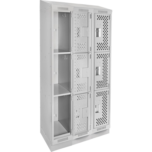 Clean Line Lockers, 3 -tier, Bank of 3, 36" x 18" x 82", Steel, Grey, Rivet (Assembled), Perforated Absolute Business Supply