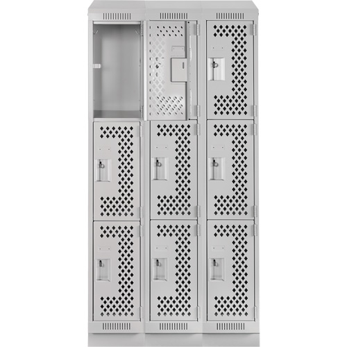 Clean Line Lockers, 3 -tier, Bank of 3, 36" x 18" x 82", Steel, Grey, Rivet (Assembled), Perforated Absolute Business Supply