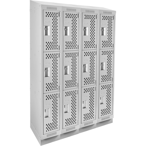 Clean Line Lockers, 3 -tier, Bank of 4, 48" x 18" x 82", Steel, Grey, Rivet (Assembled), Perforated Absolute Business Supply
