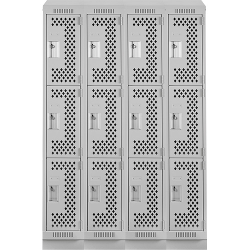 Clean Line Lockers, 3 -tier, Bank of 4, 48" x 18" x 82", Steel, Grey, Rivet (Assembled), Perforated Absolute Business Supply