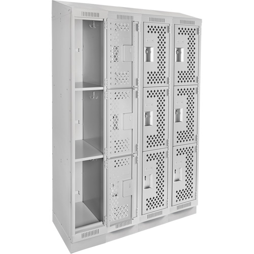 Clean Line Lockers, 3 -tier, Bank of 4, 48" x 18" x 82", Steel, Grey, Rivet (Assembled), Perforated Absolute Business Supply