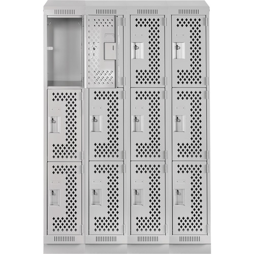 Clean Line Lockers, 3 -tier, Bank of 4, 48" x 18" x 82", Steel, Grey, Rivet (Assembled), Perforated Absolute Business Supply