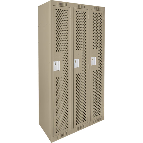 Clean Line Lockers, Bank of 3, 36" x 12" x 72", Steel, Beige, Rivet (Assembled), Perforated Absolute Business Supply
