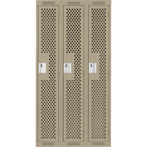 Clean Line Lockers, Bank of 3, 36" x 12" x 72", Steel, Beige, Rivet (Assembled), Perforated Absolute Business Supply