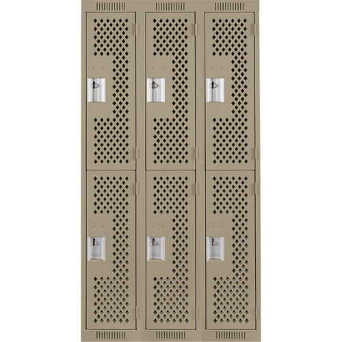 Clean Line Lockers, 2 -tier, Bank of 3, 36" x 15" x 72", Steel, Beige, Rivet (Assembled), Perforated Absolute Business Supply