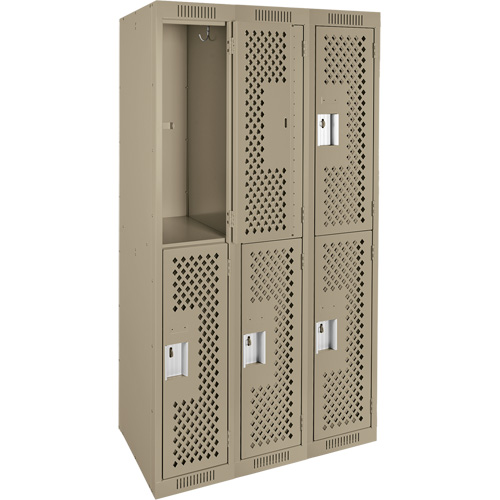Clean Line Lockers, 2 -tier, Bank of 3, 36" x 15" x 72", Steel, Beige, Rivet (Assembled), Perforated Absolute Business Supply