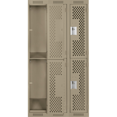 Clean Line Lockers, 2 -tier, Bank of 3, 36" x 15" x 72", Steel, Beige, Rivet (Assembled), Perforated Absolute Business Supply