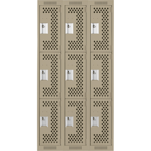 Clean Line Lockers, 3 -tier, Bank of 3, 36" x 12" x 72", Steel, Beige, Rivet (Assembled), Perforated Absolute Business Supply