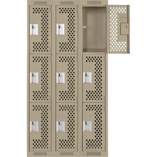 Clean Line Lockers, 3 -tier, Bank of 3, 36" x 12" x 72", Steel, Beige, Rivet (Assembled), Perforated Absolute Business Supply