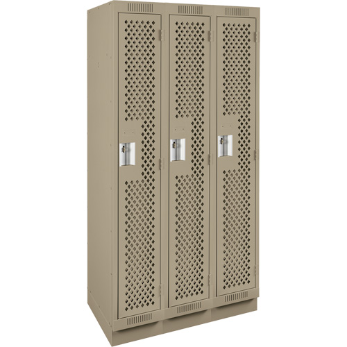 Clean Line Lockers, Bank of 3, 36" x 12" x 76", Steel, Beige, Rivet (Assembled), Perforated Absolute Business Supply