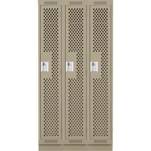 Clean Line Lockers, Bank of 3, 36" x 12" x 76", Steel, Beige, Rivet (Assembled), Perforated Absolute Business Supply