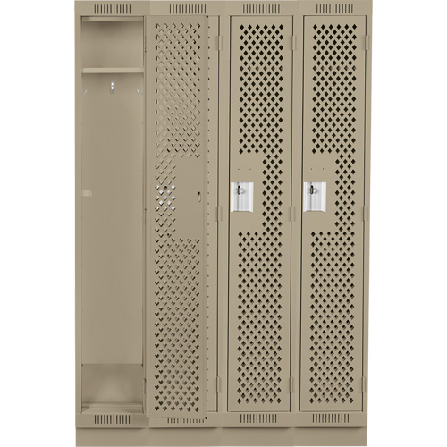 Clean Line Lockers, Bank of 4, 48" x 12" x 76", Steel, Beige, Rivet (Assembled), Perforated Absolute Business Supply