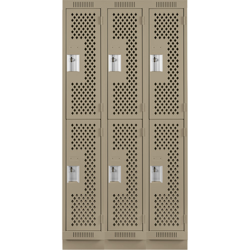 Clean Line Lockers, 2 -tier, Bank of 3, 36" x 15" x 76", Steel, Beige, Rivet (Assembled), Perforated Absolute Business Supply