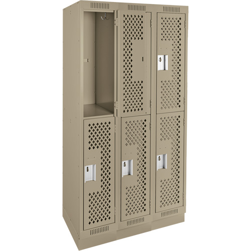 Clean Line Lockers, 2 -tier, Bank of 3, 36" x 15" x 76", Steel, Beige, Rivet (Assembled), Perforated Absolute Business Supply