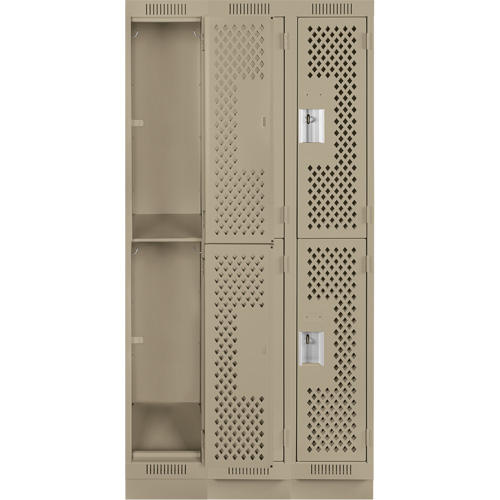 Clean Line Lockers, 2 -tier, Bank of 3, 36" x 15" x 76", Steel, Beige, Rivet (Assembled), Perforated Absolute Business Supply