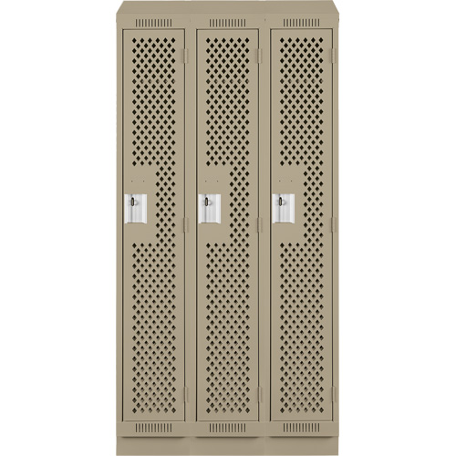 Clean Line Lockers, Bank of 3, 36" x 15" x 82", Steel, Beige, Rivet (Assembled), Perforated Absolute Business Supply