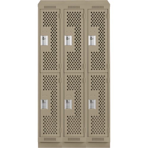 Clean Line Lockers, 2 -tier, Bank of 3, 36" x 15" x 82", Steel, Beige, Rivet (Assembled), Perforated Absolute Business Supply