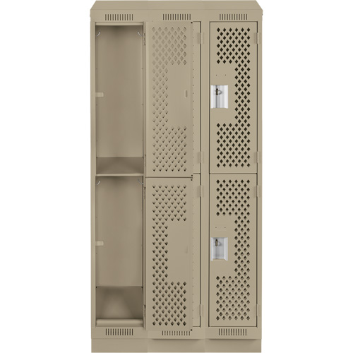 Clean Line Lockers, 2 -tier, Bank of 3, 36" x 15" x 82", Steel, Beige, Rivet (Assembled), Perforated Absolute Business Supply