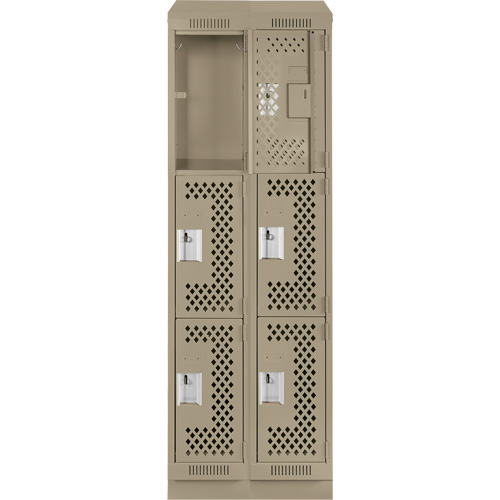 Clean Line Lockers, 3 -tier, Bank of 2, 24" x 18" x 82", Steel, Beige, Rivet (Assembled), Perforated Absolute Business Supply