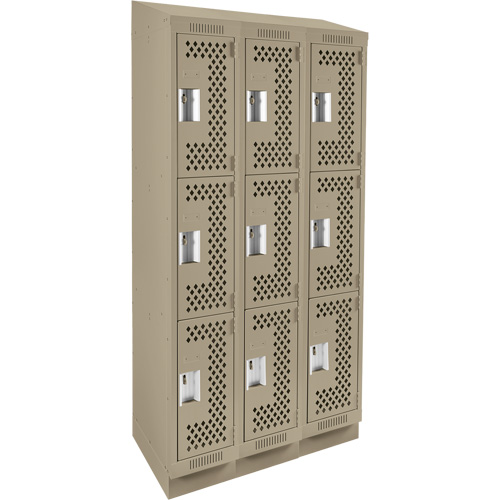 Clean Line Lockers, 3 -tier, Bank of 3, 36" x 15" x 82", Steel, Beige, Rivet (Assembled), Perforated Absolute Business Supply
