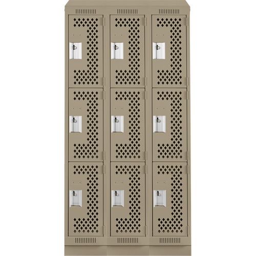 Clean Line Lockers, 3 -tier, Bank of 3, 36" x 15" x 82", Steel, Beige, Rivet (Assembled), Perforated Absolute Business Supply