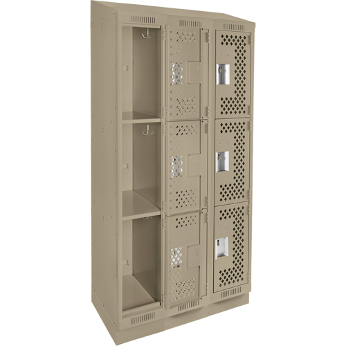 Clean Line Lockers, 3 -tier, Bank of 3, 36" x 15" x 82", Steel, Beige, Rivet (Assembled), Perforated Absolute Business Supply