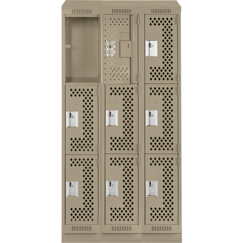 Clean Line Lockers, 3 -tier, Bank of 3, 36" x 15" x 82", Steel, Beige, Rivet (Assembled), Perforated Absolute Business Supply