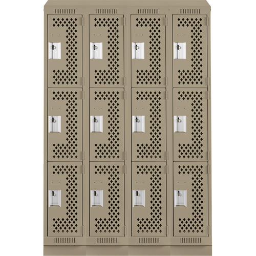 Clean Line Lockers, 3 -tier, Bank of 4, 48" x 18" x 82", Steel, Beige, Rivet (Assembled), Perforated Absolute Business Supply