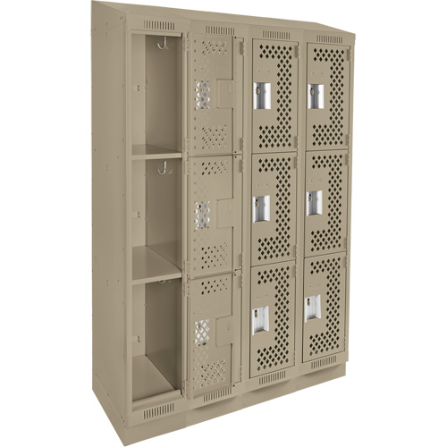 Clean Line Lockers, 3 -tier, Bank of 4, 48" x 18" x 82", Steel, Beige, Rivet (Assembled), Perforated Absolute Business Supply