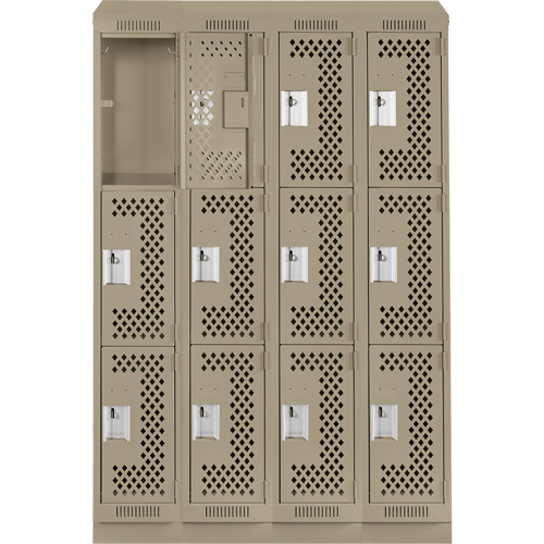 Clean Line Lockers, 3 -tier, Bank of 4, 48" x 18" x 82", Steel, Beige, Rivet (Assembled), Perforated Absolute Business Supply